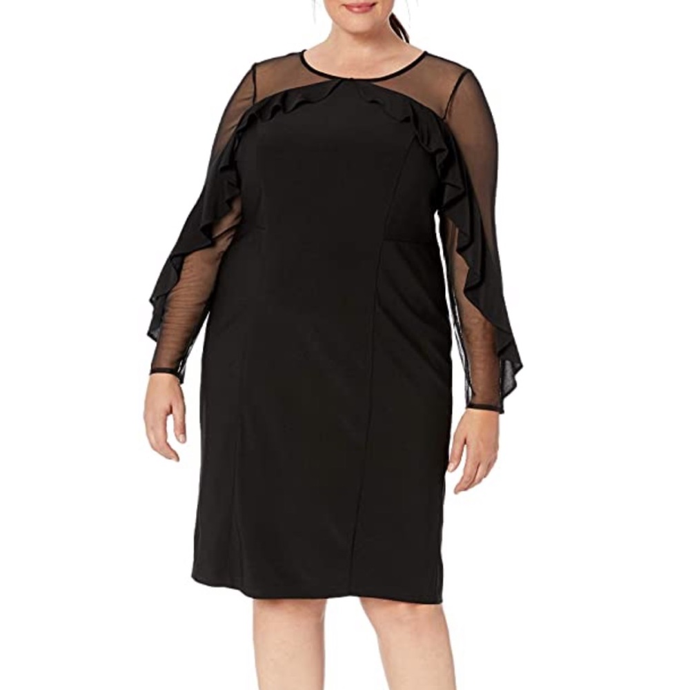 NWT R&M RICHARDS BLACK SHEER RUFFLE DRESS 12
